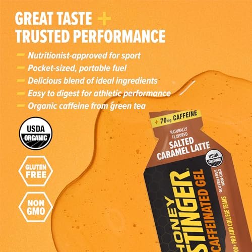 Honey Stinger Organic Salted Caramel Energy Gel, koffeinhaltig & glutenfrei, für Sport, Laufen und Leistung, Sporternährung für Zuhause & Fitnessstudio, vor und während dem Training, 12er Pack, 13,2 Unzen