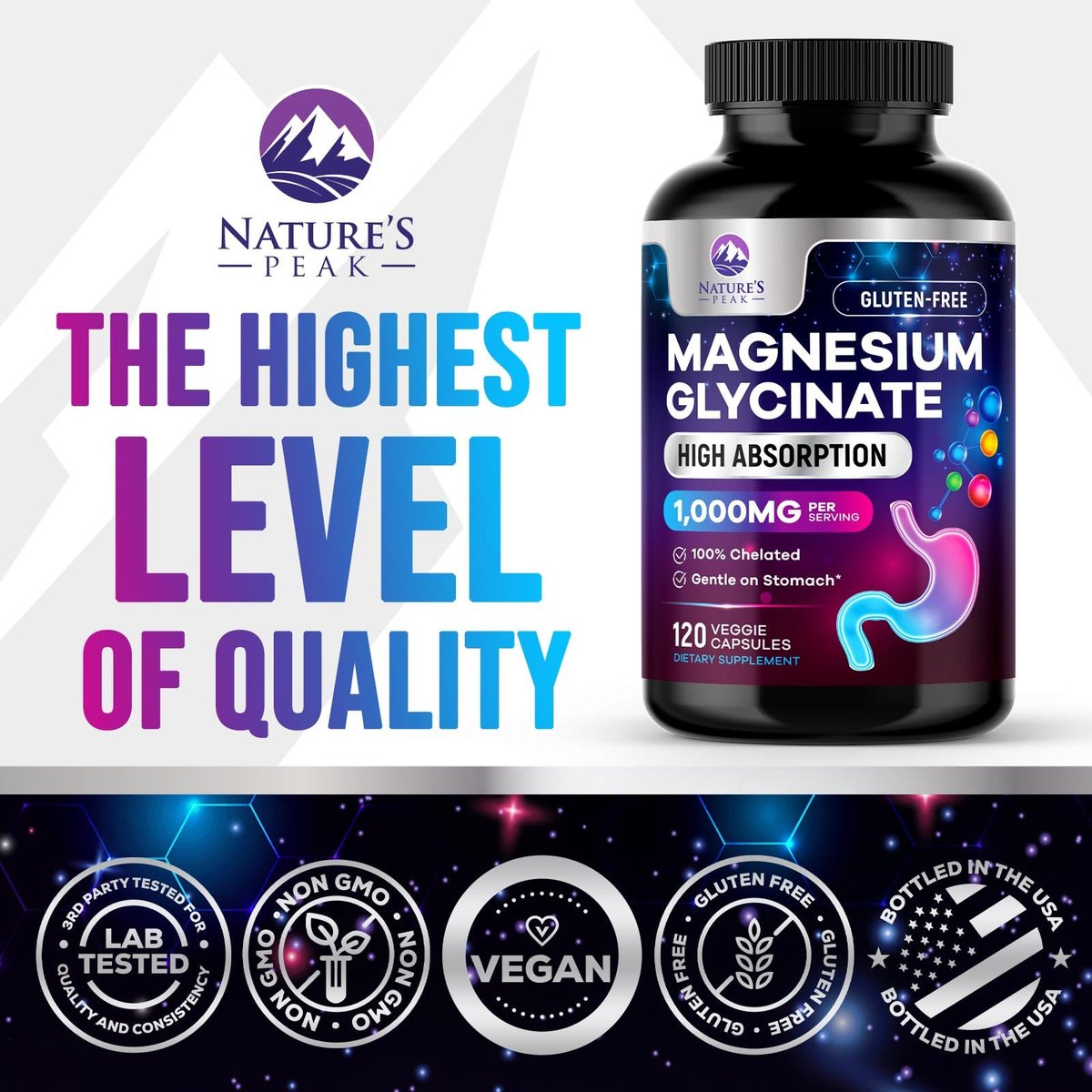 Magnesium Glycinat 1000mg pro Portion – Rein & cheliert für maximale Absorption – Unterstützt Schlaf, Muskeln, Nerven & Herzgesundheit – Magnesium Ergänzung für den ganzen Körper, in den USA abgefüllt – 120 Kapseln