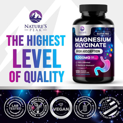 Magnesium Glycinat 1000mg pro Portion – Rein & cheliert für maximale Absorption – Unterstützt Schlaf, Muskeln, Nerven & Herzgesundheit – Magnesium Ergänzung für den ganzen Körper, in den USA abgefüllt – 120 Kapseln