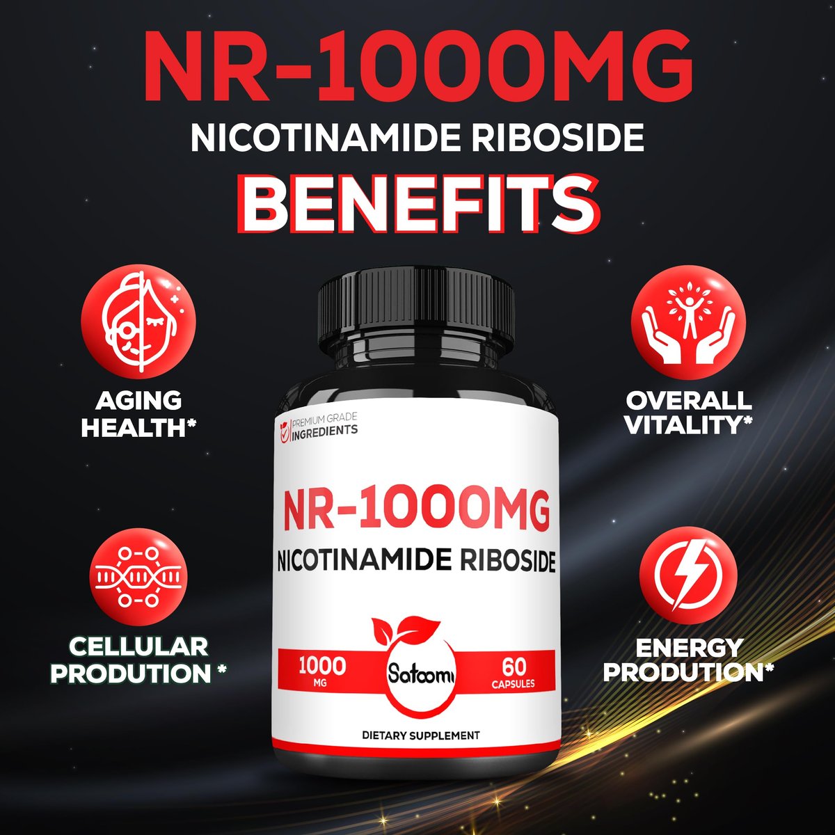 Satoomi NAD Nicotinamid Ribosid – NR 1000 mg Nahrungsergänzungsmittel, 60 Kapseln für 30 Tage