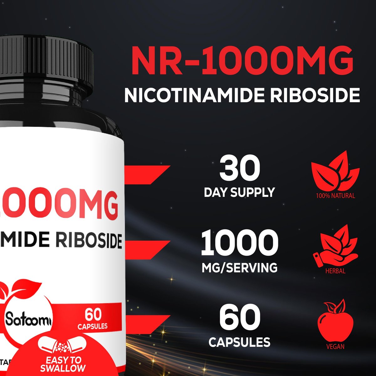 Satoomi NAD Nicotinamid Ribosid – NR 1000 mg Nahrungsergänzungsmittel, 60 Kapseln für 30 Tage