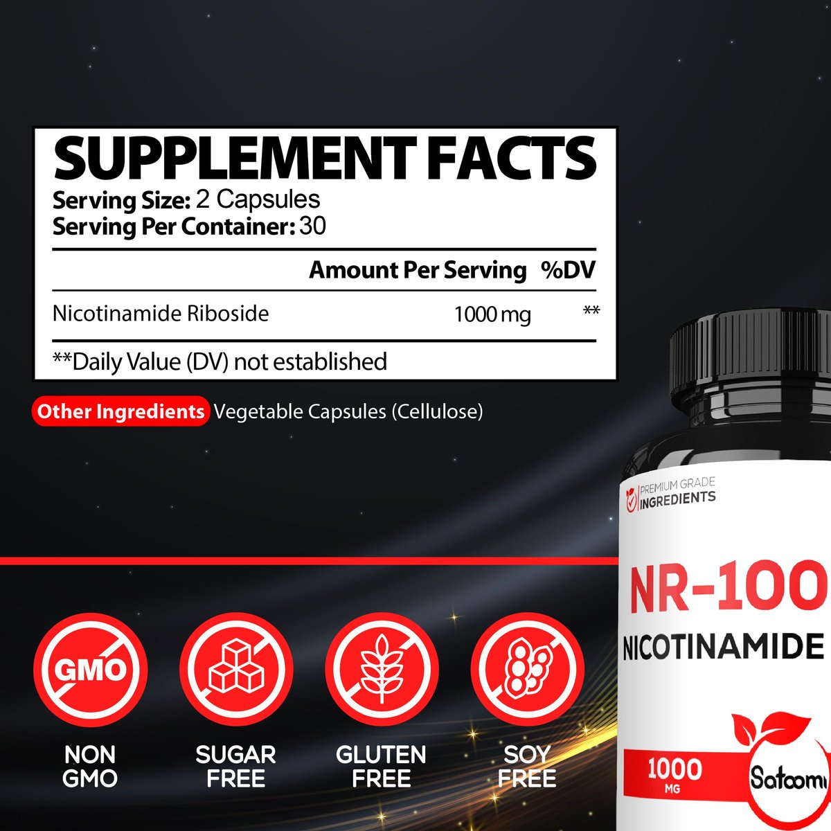 Satoomi NAD Nicotinamid Ribosid – NR 1000 mg Nahrungsergänzungsmittel, 60 Kapseln für 30 Tage