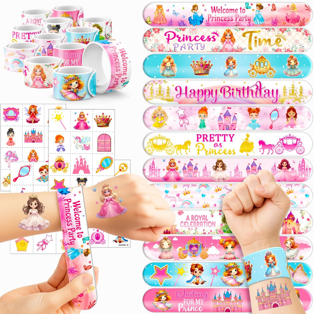 Cherisnowy 72-teiliges Prinzessinnen-Party-Set – 48 temporäre Tattoos & 24 Slap-Armbänder – Niedliche Geburtstagsartikel, Babygeschenke, Klassenzimmerbelohnungen & Prinzessinnen-Deko für Mädchen