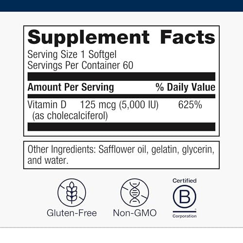 Metagenics Vitamin D3 5000 IE – Hochdosierte Weichkapseln für Immunsystem, Knochen- und Herzgesundheit – 125 µg Cholecalciferol in Kokosöl – Non-GMO, glutenfrei – 60 Stück