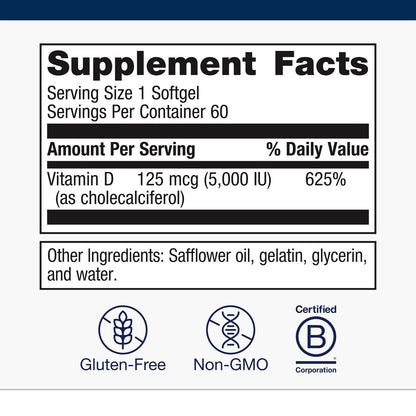 Metagenics Vitamin D3 5000 IE – Hochdosierte Weichkapseln für Immunsystem, Knochen- und Herzgesundheit – 125 µg Cholecalciferol in Kokosöl – Non-GMO, glutenfrei – 60 Stück