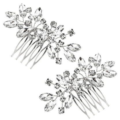 2er-Set Silberne Braut-Haarkämme mit Strass – Blumige Braut-Haaraccessoires für Hochzeit, Brautjungfern, Frauen und Mädchen