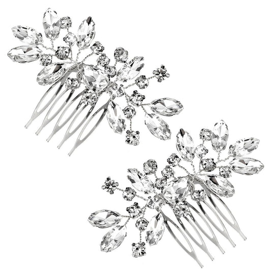2er-Set Silberne Braut-Haarkämme mit Strass – Blumige Braut-Haaraccessoires für Hochzeit, Brautjungfern, Frauen und Mädchen