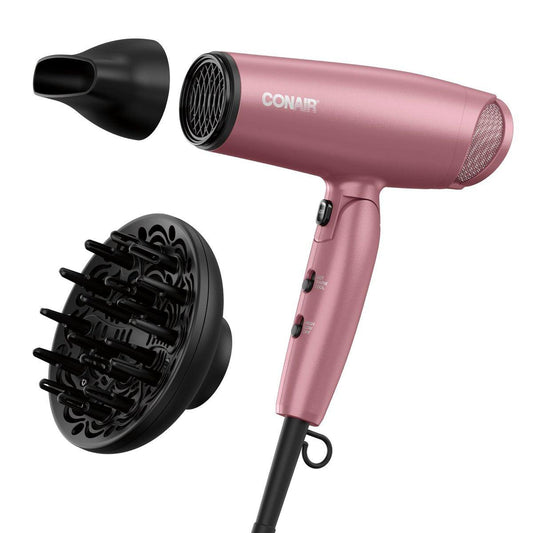 Conair Haartrockner mit Diffusor und klappbarem Griff, 1875 W Reise-Haartrockner mit Konzentratordüse, Radiance Boost mit Nano-Quarz-Keramik für weniger Frizz, mehr Glanz und seidiges Haar, Staubrosa