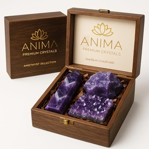 Anima Premium Amethyst Kristall Set für Frieden, Tiefschlaf & Intuition – Authentische Tiefviolette Amethyst-Geode, Turm und Rohkristall aus Brasilien in Holzgeschenkbox – Verantwortungsvoll bezogen