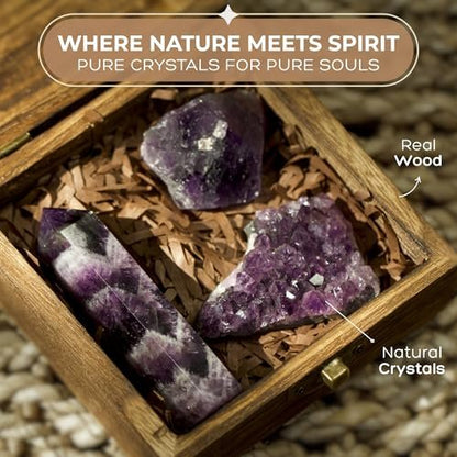 Anima Premium Amethyst Kristall Set für Frieden, Tiefschlaf & Intuition – Authentische Tiefviolette Amethyst-Geode, Turm und Rohkristall aus Brasilien in Holzgeschenkbox – Verantwortungsvoll bezogen