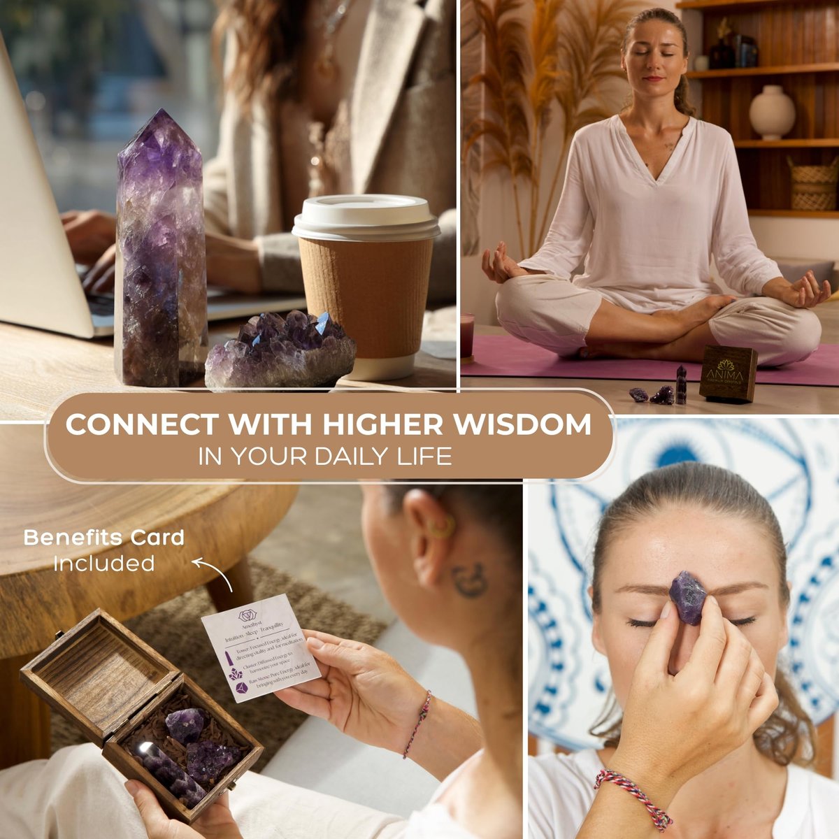 Anima Premium Amethyst Kristall Set für Frieden, Tiefschlaf & Intuition – Authentische Tiefviolette Amethyst-Geode, Turm und Rohkristall aus Brasilien in Holzgeschenkbox – Verantwortungsvoll bezogen