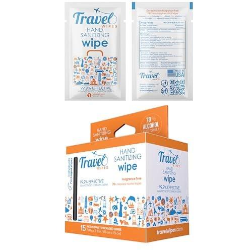 Handdesinfektionstücher für unterwegs – 15 einzeln verpackte Tücher | Duftfrei, feuchtigkeitsspendend, 70% Isopropylalkohol | Für Reisen, Zuhause, Büro, täglichen Gebrauch | Hergestellt in den USA
