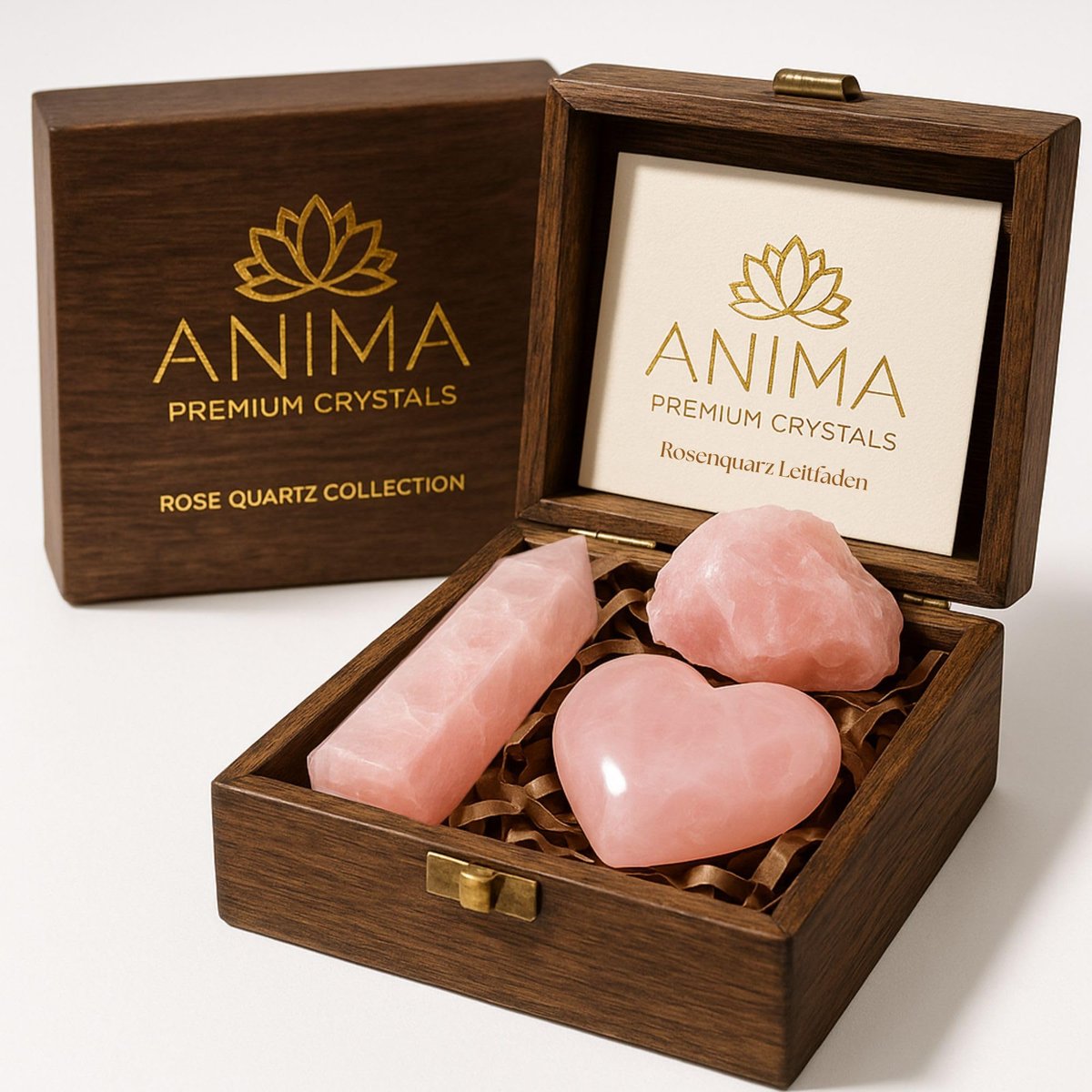 Anima Premium Rosenquarz Kristall Set für Liebe, Heilung & Harmonie – Authentischer Madagaskar Rosenquarz Herzstein, Turm & Rohkristall in eleganter Holzgeschenkbox – verantwortungsvoll beschafft