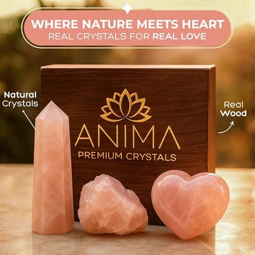 Anima Premium Rosenquarz Kristall Set für Liebe, Heilung & Harmonie – Authentischer Madagaskar Rosenquarz Herzstein, Turm & Rohkristall in eleganter Holzgeschenkbox – verantwortungsvoll beschafft