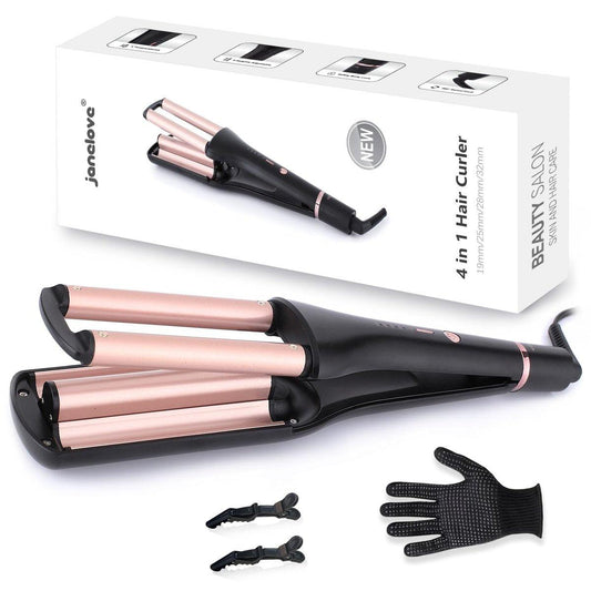 janelove 4-in-1 Haar-Crimper, Haarwelleneisen, Beach Waves Lockenstab für 4 Wellentypen (0,75/1/1,1/1,25 Zoll), Wasserwellen/Mermaid Waves/Beach Waves/Deep Defined Waves, 4 Temperaturen mit LED-Anzeige, Rosa