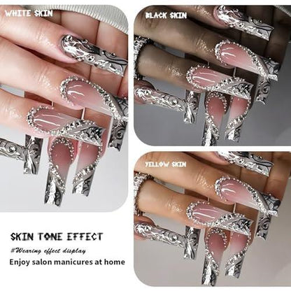 Lange Press-On-Nägel in Silber mit Strasssteinen und Herzdesign – Falsche Acrylnägel für Frauen