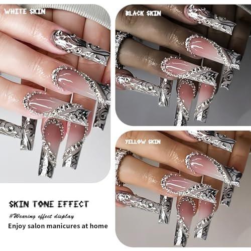 Lange Press-On-Nägel in Silber mit Strasssteinen und Herzdesign – Falsche Acrylnägel für Frauen