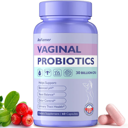AnFamer Vaginale Probiotika für Frauen – pH-Gleichgewicht, gesunder Geruch & Flora, Harnwegsgesundheit mit Präbiotika & Lactobacillus-Mischung, 30 Milliarden KBE, 60 Kapseln