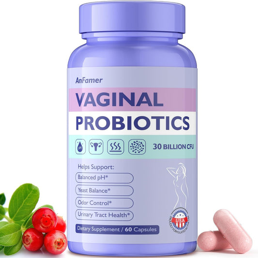 AnFamer Vaginale Probiotika für Frauen – pH-Gleichgewicht, gesunder Geruch & Flora, Harnwegsgesundheit mit Präbiotika & Lactobacillus-Mischung, 30 Milliarden KBE, 60 Kapseln
