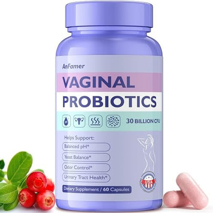 AnFamer Vaginale Probiotika für Frauen – pH-Gleichgewicht, gesunder Geruch & Flora, Harnwegsgesundheit mit Präbiotika & Lactobacillus-Mischung, 30 Milliarden KBE, 60 Kapseln