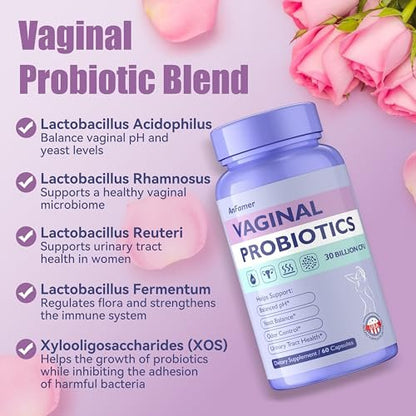 AnFamer Vaginale Probiotika für Frauen – pH-Gleichgewicht, gesunder Geruch & Flora, Harnwegsgesundheit mit Präbiotika & Lactobacillus-Mischung, 30 Milliarden KBE, 60 Kapseln