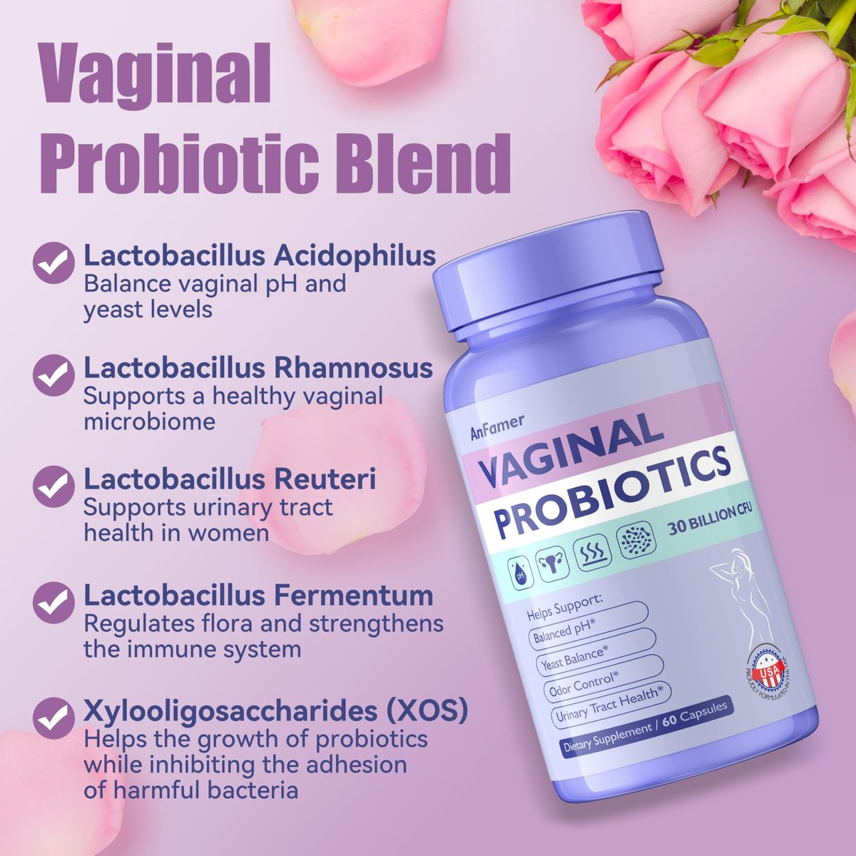AnFamer Vaginale Probiotika für Frauen – pH-Gleichgewicht, gesunder Geruch & Flora, Harnwegsgesundheit mit Präbiotika & Lactobacillus-Mischung, 30 Milliarden KBE, 60 Kapseln