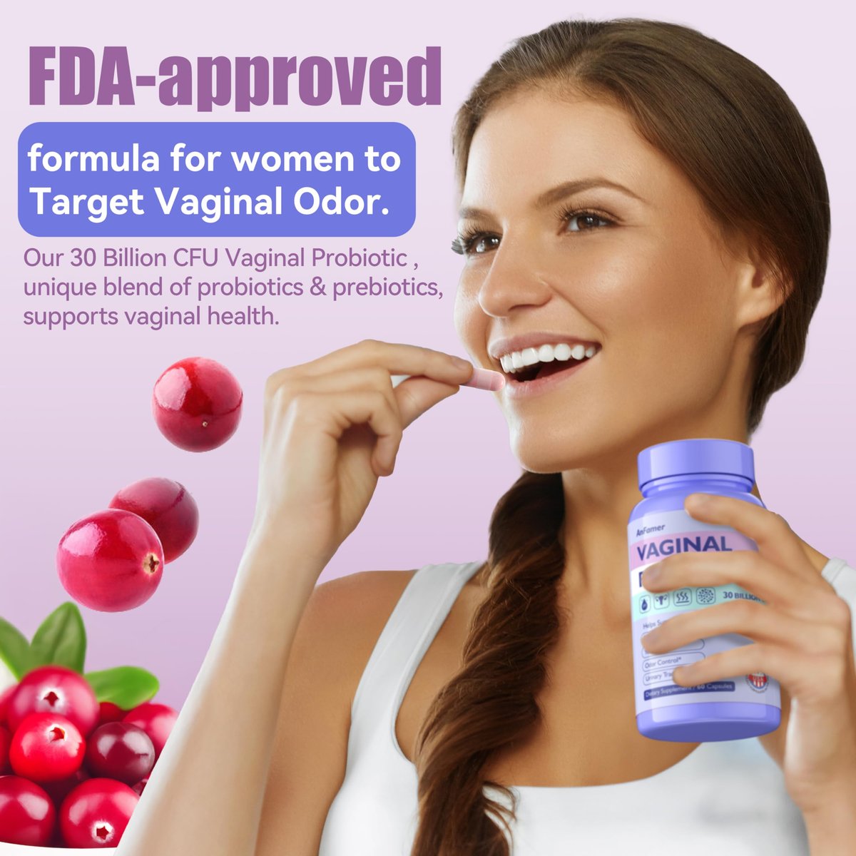 AnFamer Vaginale Probiotika für Frauen – pH-Gleichgewicht, gesunder Geruch & Flora, Harnwegsgesundheit mit Präbiotika & Lactobacillus-Mischung, 30 Milliarden KBE, 60 Kapseln
