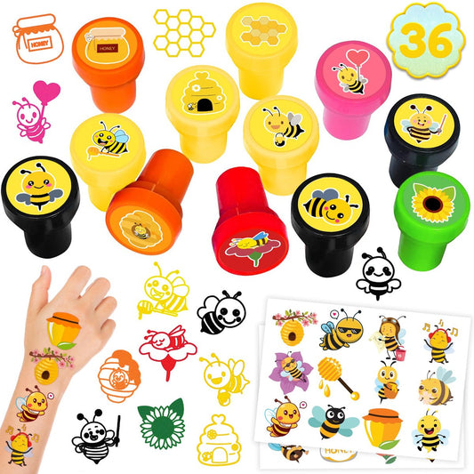 36-teiliges Bienen-Partygeschenk-Set – 24 temporäre Tattoos & 12 Stempel – Ideale Honigbienen-Dekoration für Geburtstagspartys, Goodie Bags, Klassenzimmer-Geschenke und Babyparty-Preise