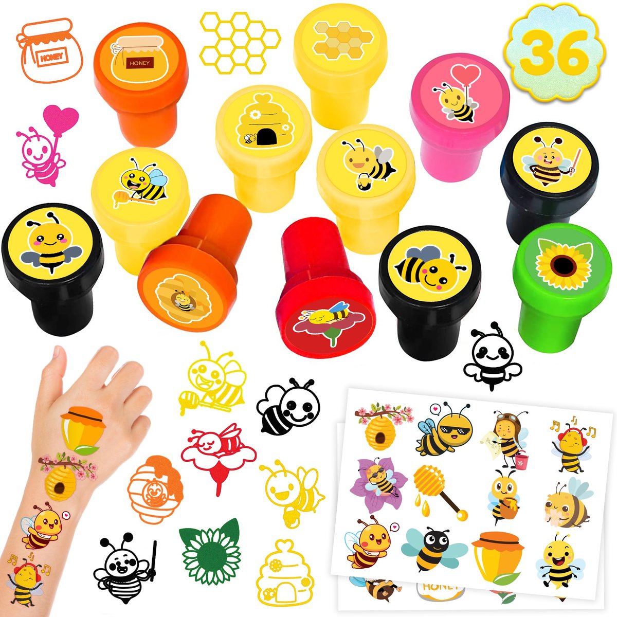 36-teiliges Bienen-Partygeschenk-Set – 24 temporäre Tattoos & 12 Stempel – Ideale Honigbienen-Dekoration für Geburtstagspartys, Goodie Bags, Klassenzimmer-Geschenke und Babyparty-Preise
