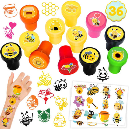36-teiliges Bienen-Partygeschenk-Set – 24 temporäre Tattoos & 12 Stempel – Ideale Honigbienen-Dekoration für Geburtstagspartys, Goodie Bags, Klassenzimmer-Geschenke und Babyparty-Preise