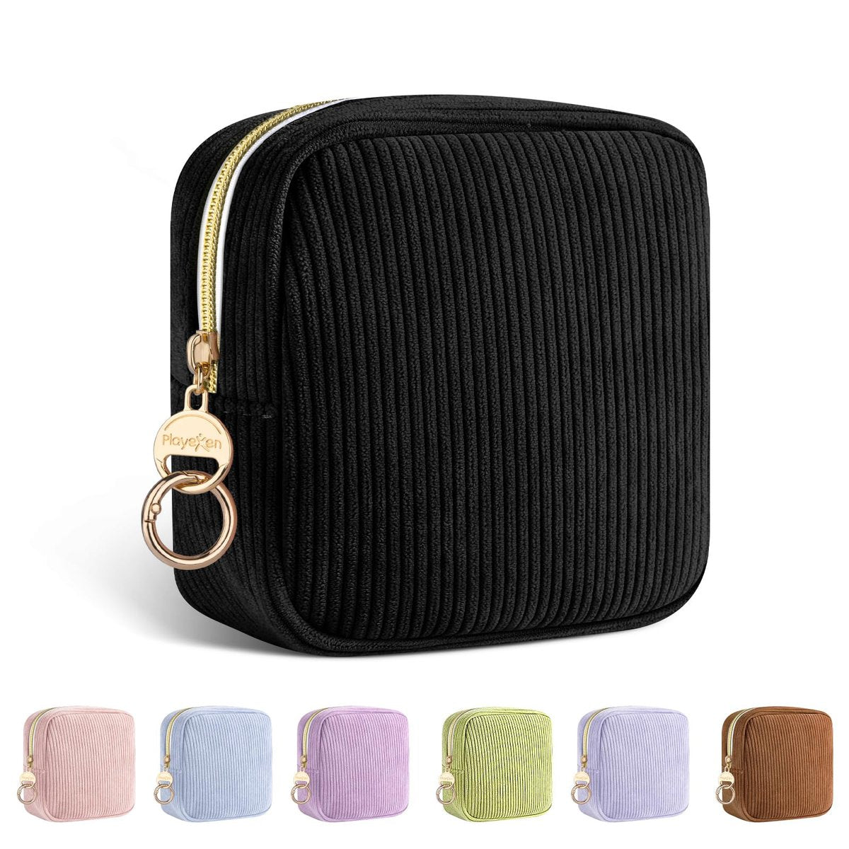 Playexen Period Bag für die Handtasche – Cord Damenhygiene Aufbewahrungstasche mit Innenfächern und Ringverschluss, Menstruationspad-Tasche für Damen (Schwarz)