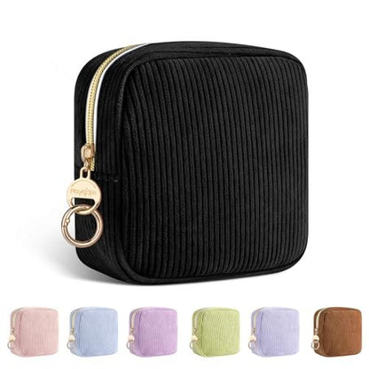 Playexen Period Bag für die Handtasche – Cord Damenhygiene Aufbewahrungstasche mit Innenfächern und Ringverschluss, Menstruationspad-Tasche für Damen (Schwarz)