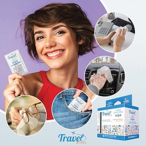 Desinfizierende Reisetücher – 15 einzeln verpackte Tücher mit frischem Zitrusduft, feuchtigkeitsspendend, 70% Alkohol | Für Reisen, Zuhause, Büro, täglichen Gebrauch | Hergestellt in USA