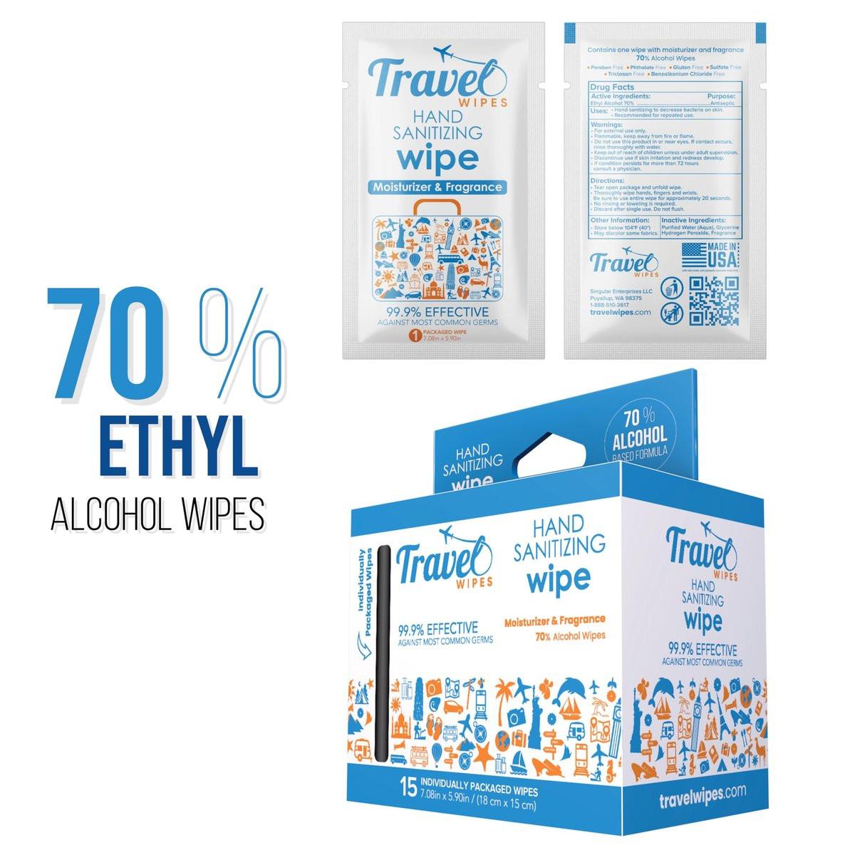 Desinfizierende Reisetücher – 15 einzeln verpackte Tücher mit frischem Zitrusduft, feuchtigkeitsspendend, 70% Alkohol | Für Reisen, Zuhause, Büro, täglichen Gebrauch | Hergestellt in USA