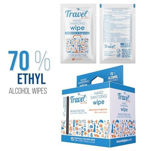 Desinfizierende Reisetücher – 15 einzeln verpackte Tücher mit frischem Zitrusduft, feuchtigkeitsspendend, 70% Alkohol | Für Reisen, Zuhause, Büro, täglichen Gebrauch | Hergestellt in USA