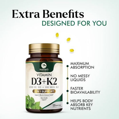 D3 K2 Vitamin – Hochdosiertes Vitamin D3 4000 IE pro Weichkapsel – Vitamin D3 & K2 (MK7) Komplex – Für Knochen & Immunsystem – Hergestellt in den USA – 120 Weichkapseln