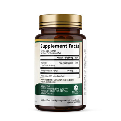 D3 K2 Vitamin – Hochdosiertes Vitamin D3 4000 IE pro Weichkapsel – Vitamin D3 & K2 (MK7) Komplex – Für Knochen & Immunsystem – Hergestellt in den USA – 120 Weichkapseln