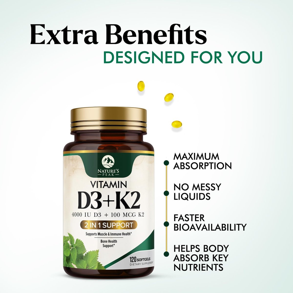 D3 K2 Vitamin – Hochdosiertes Vitamin D3 4000 IE pro Weichkapsel – Vitamin D3 & K2 (MK7) Komplex – Für Knochen & Immunsystem – Hergestellt in den USA – 120 Weichkapseln
