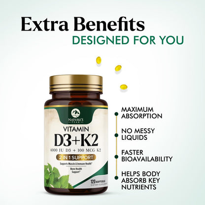 D3 K2 Vitamin – Hochdosiertes Vitamin D3 4000 IE pro Weichkapsel – Vitamin D3 & K2 (MK7) Komplex – Für Knochen & Immunsystem – Hergestellt in den USA – 120 Weichkapseln