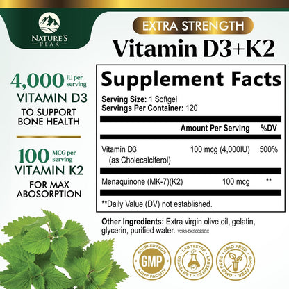 D3 K2 Vitamin – Hochdosiertes Vitamin D3 4000 IE pro Weichkapsel – Vitamin D3 & K2 (MK7) Komplex – Für Knochen & Immunsystem – Hergestellt in den USA – 120 Weichkapseln