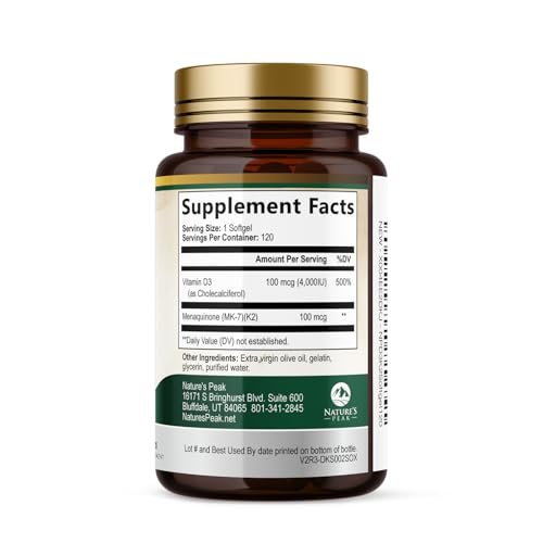 D3 K2 Vitamin – Hochdosiertes Vitamin D3 4000 IE pro Weichkapsel – Vitamin D3 & K2 (MK7) Komplex – Für Knochen & Immunsystem – Hergestellt in den USA – 120 Weichkapseln