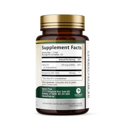 D3 K2 Vitamin – Hochdosiertes Vitamin D3 4000 IE pro Weichkapsel – Vitamin D3 & K2 (MK7) Komplex – Für Knochen & Immunsystem – Hergestellt in den USA – 120 Weichkapseln