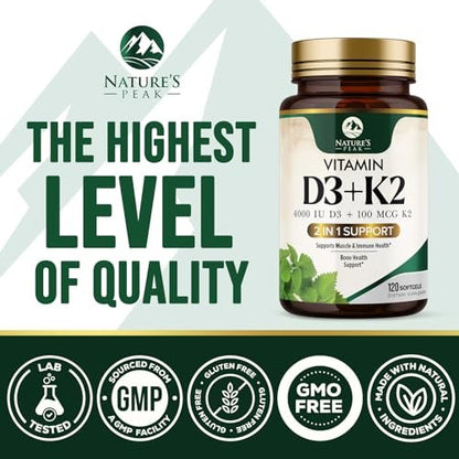 D3 K2 Vitamin – Hochdosiertes Vitamin D3 4000 IE pro Weichkapsel – Vitamin D3 & K2 (MK7) Komplex – Für Knochen & Immunsystem – Hergestellt in den USA – 120 Weichkapseln