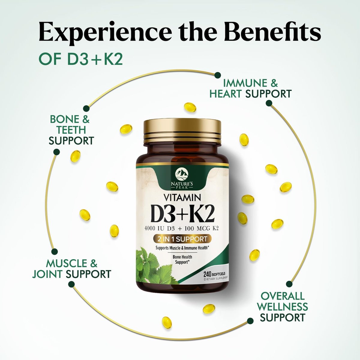 D3 K2 Vitamin - Vitamin D3 4000 IE pro Weichkapsel - Hochdosiertes Vitamin D3 Präparat - 2-in-1 Komplex Vitamin D & Vitamin K2 (MK7) - Leicht zu schlucken, Knochen- & Immununterstützung - Hergestellt in den USA - 240 Weichkapseln