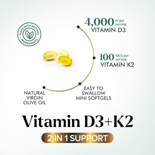 D3 K2 Vitamin - Vitamin D3 4000 IE pro Weichkapsel - Hochdosiertes Vitamin D3 Präparat - 2-in-1 Komplex Vitamin D & Vitamin K2 (MK7) - Leicht zu schlucken, Knochen- & Immununterstützung - Hergestellt in den USA - 240 Weichkapseln
