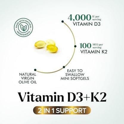 D3 K2 Vitamin - Vitamin D3 4000 IE pro Weichkapsel - Hochdosiertes Vitamin D3 Präparat - 2-in-1 Komplex Vitamin D & Vitamin K2 (MK7) - Leicht zu schlucken, Knochen- & Immununterstützung - Hergestellt in den USA - 240 Weichkapseln