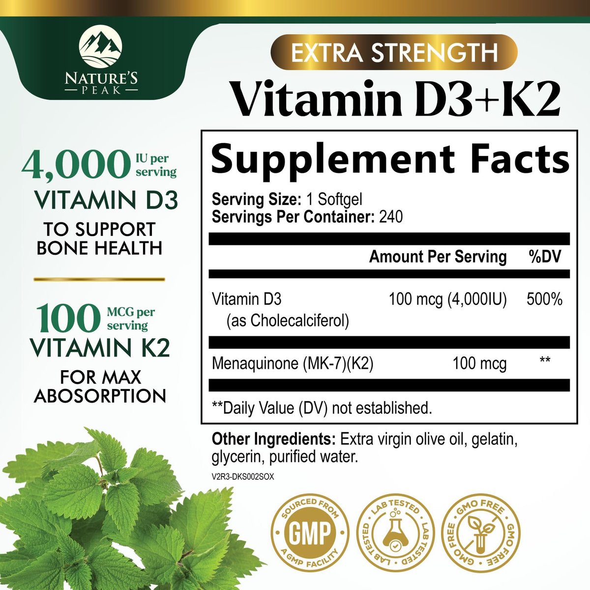 D3 K2 Vitamin - Vitamin D3 4000 IE pro Weichkapsel - Hochdosiertes Vitamin D3 Präparat - 2-in-1 Komplex Vitamin D & Vitamin K2 (MK7) - Leicht zu schlucken, Knochen- & Immununterstützung - Hergestellt in den USA - 240 Weichkapseln