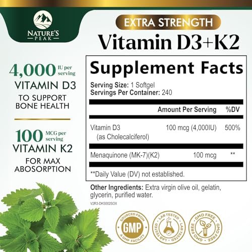 D3 K2 Vitamin - Vitamin D3 4000 IE pro Weichkapsel - Hochdosiertes Vitamin D3 Präparat - 2-in-1 Komplex Vitamin D & Vitamin K2 (MK7) - Leicht zu schlucken, Knochen- & Immununterstützung - Hergestellt in den USA - 240 Weichkapseln