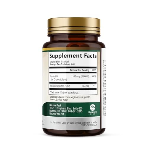 D3 K2 Vitamin - Vitamin D3 4000 IE pro Weichkapsel - Hochdosiertes Vitamin D3 Präparat - 2-in-1 Komplex Vitamin D & Vitamin K2 (MK7) - Leicht zu schlucken, Knochen- & Immununterstützung - Hergestellt in den USA - 240 Weichkapseln