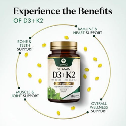 D3 K2 Vitamin - Vitamin D3 4000 IE pro Weichkapsel - Hochdosiertes Vitamin D3 Präparat - 2-in-1 Komplex Vitamin D & Vitamin K2 (MK7) - Leicht zu schlucken, Knochen- & Immununterstützung - Hergestellt in den USA - 240 Weichkapseln